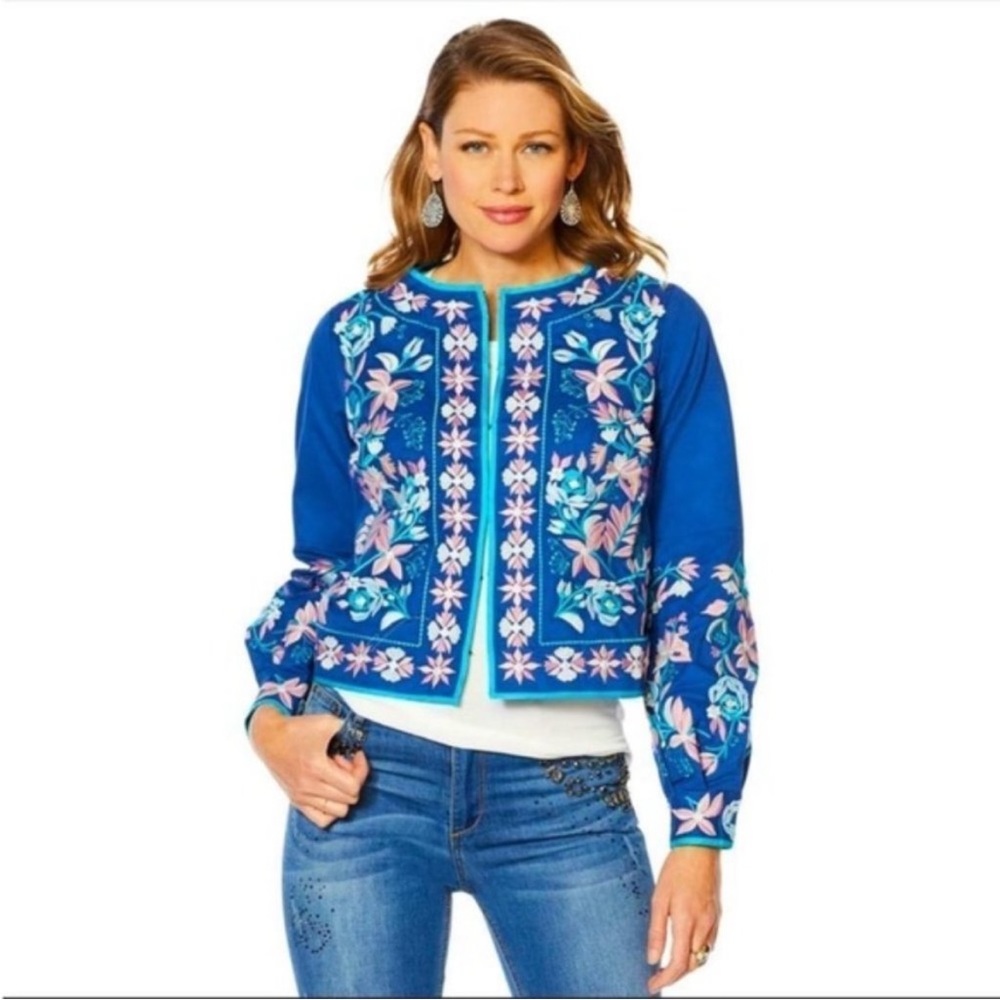 LA BELLUM HILLARY SCOTT
Embroidered Short Jacket Sz LCobalt Multi NWT